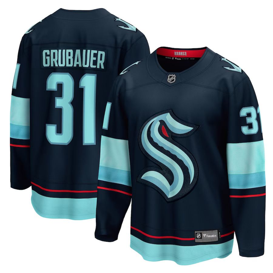 Men Seattle Kraken 31 Philipp Grubauer Fanatics Branded Deep Sea Blue Home Premier Breakaway Player NHL Jersey